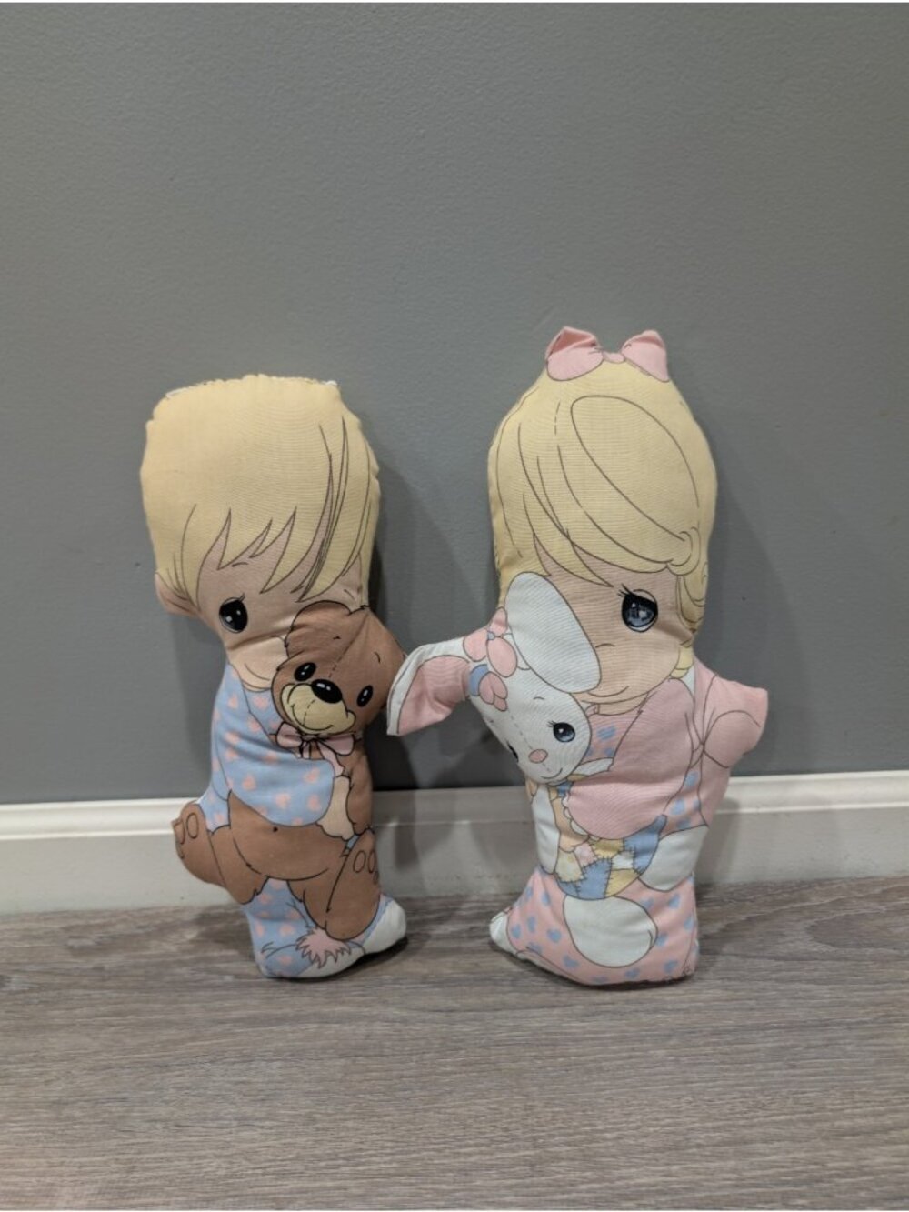 Vintage Precious Moments Stuffed Pillow Dolls Boy Bear & Girl Bunny 14" tall